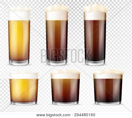 Realistic Style Of Glasses Beer. Unfiltered, Dark And Light Beer In Glasses Isolated Against A Gray 
