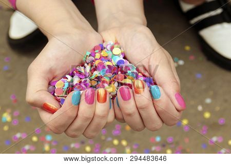 Colorful Colorful Manicure With Confetti.nail Design.nail Art.