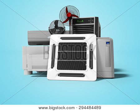 Group Of Office Cooling Equipment Air Conditioning Fan 3d Render On Blue Background With Shadow
