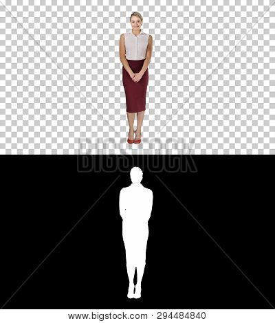 Attractive Shy Businesswoman Standing And Looking To The Camera, Alpha Channel