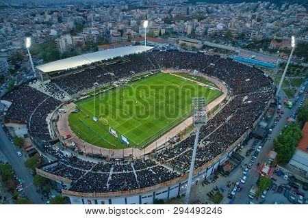 Aerial Soot Of The Toumba Stadium Full Of Fans During A Football Match For The Championship Between