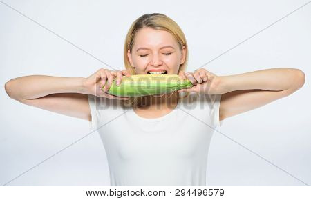Farming, Farmer Girl With Maize. Happy Woman Eating Corn. Vegetable Harvest. Agriculture And Cultiva