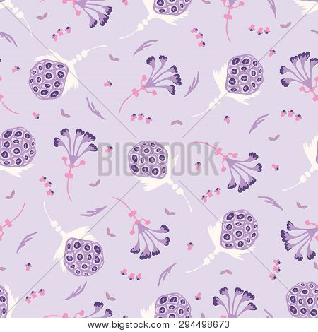 Hand Painted Seedpod Floral Vector Seamless Pattern. Lilac Purple Background With Stylized Stem Bloo