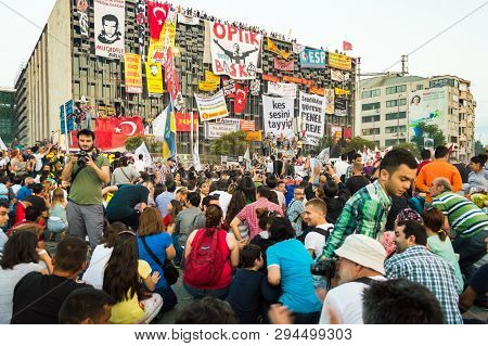 Istanbul, Turkey - June 08, 2013: Civilians Near The Ataturk Culture Center (akm) Building During Th