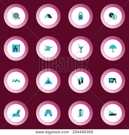 Tourism Icons Colored Set With Oxygen Cylinder, Tent, Taxi And Other Surfboard Elements. Isolated  I