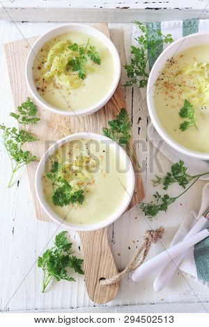 Cold Summer Zucchini Cream Soup, Three Portion On Light Background, Vegetable Food. Top View