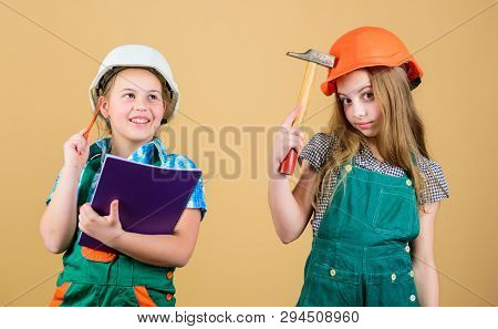 Little Kids In Helmet With Tablet And Hammer. Happy Children. Future Career. Foreman Inspector. Repa