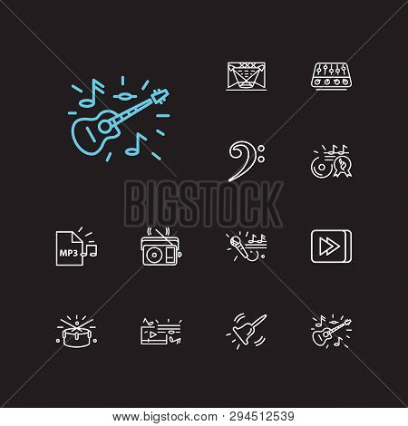 Musical Icons Set. Guitar And Musical Icons With Radio, Bass Clef And Mixer. Set Of Tech For Web App