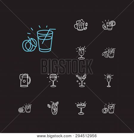 Cocktails Icons Set. Pina Colada And Cocktails Icons With Organic, Red Wine And Sidecar Cocktail. Se