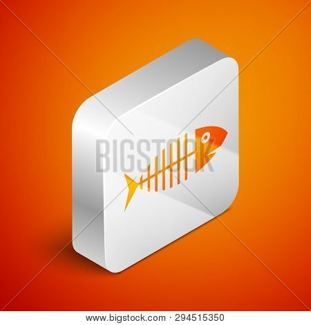 Isometric Fish Skeleton Icon Isolated On Orange Background. Fish Bone Sign. Silver Square Button. Ve