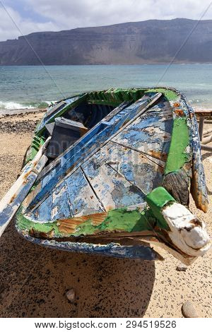 Dirty Old Weathered Broken Boat At The Coast Of Caleta De Sebo On The Island La Graciosa Of Lanzarot
