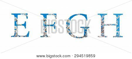 Flower Font Alphabet E, F, G, H Made Of Spring Blossoming Trees Outdoor.