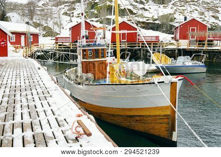 Nussfjord village, Lofoten Islands. Norway`s historic fishing village  on the water, Europe