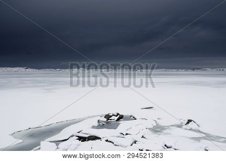 Winter harsh landscape in Lofoten Archipelago, Norway, Europe