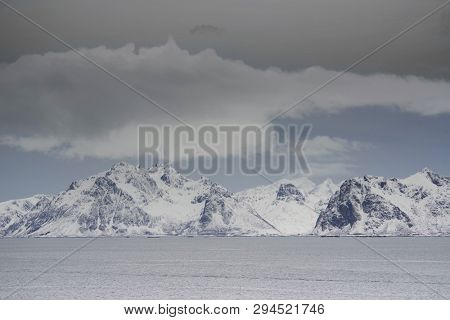 Winter harsh landscape in Lofoten Archipelago, Norway, Europe
