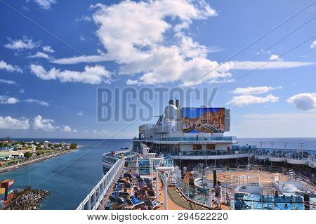 Roseau, Dominica, Caribbean - March 24, 2017 : Royal Princess Ship Docked In Roseau Port. View From 