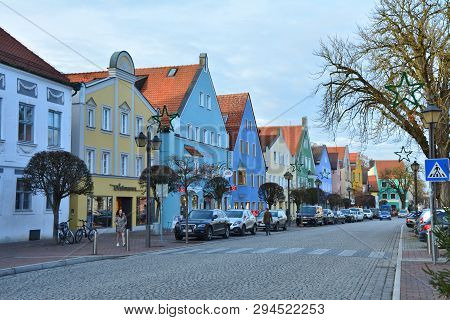 Erding, Germany - November 27, 2017: The Street In Little German Bavarian Town Erding.