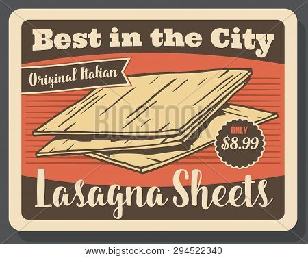 Lasagna Pasta Vintage Poster. Vector Italian Restaurant Or Cafe Traditional Lasagna Pasta Original R