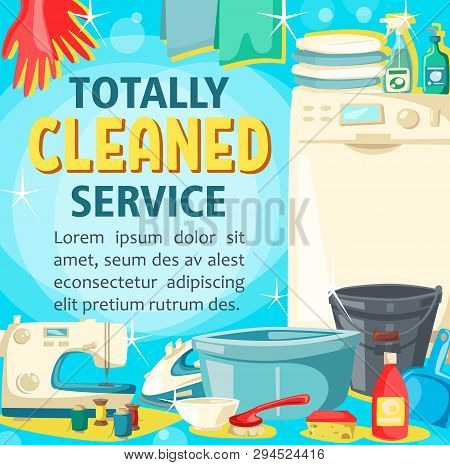 House Cleaning Service Poster, Home Washing, Sewing And Laundry. Vector Professional Housekeeping To