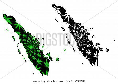 Sumatra - Map Is Designed Cannabis Leaf Green And Black, Sumatra (republic Of Indonesia) Map Made Of