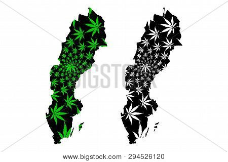 Sweden - Map Is Designed Cannabis Leaf Green And Black, Kingdom Of Sweden Map Made Of Marijuana (mar