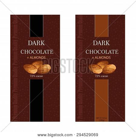 Packaging Design Chocolate. Vector Illustration. Pack Design Dark Chocolate With Almounds. Front And