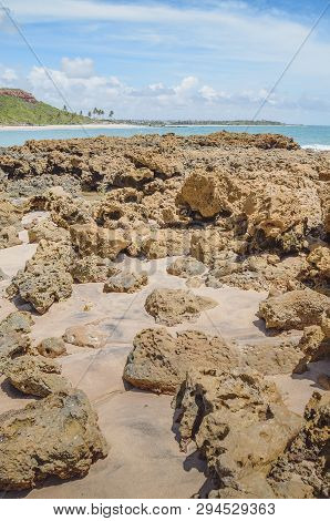 Beach Rocks, Rocks With Holes Made By The Waves Of The Sea. Spongy Rocks. Set Of Rocks Near The Sea 