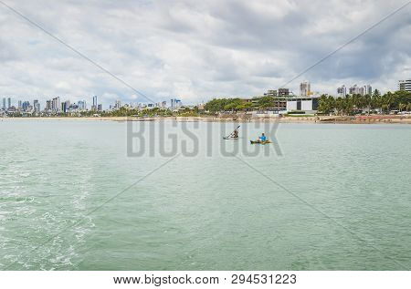 Joao Pessoa - Pb, Brazil - February 21, 2019: Tourists Riding Kayak And The Praia Do Bessa Beach And