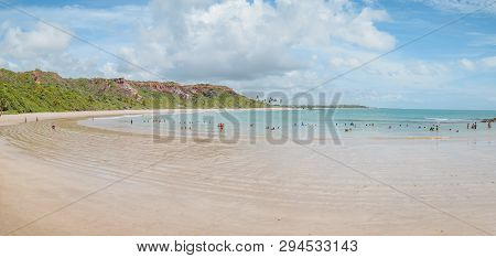 Conde - Pb, Brazil - February 22, 2019: Panoramic View Of Tourists At The Water Of Praia De Coqueiri