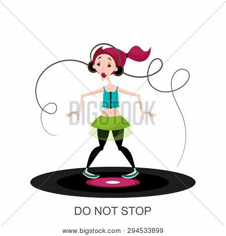 Dance Character On The Disk. A Young Teenager Girl With Pink Hair Listens To Music On Headphones And