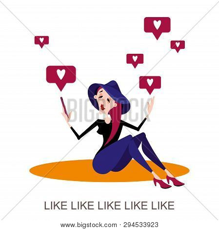 Character Girls Sends Huskies. Young Slim Woman With Pink Hair In A Hat With A Phone In Her Hand Sen