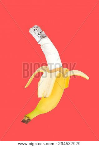 Taste Of Breking Habit. Banana With Cigarettes Inside Against Bright Red Background. Modern Design. 