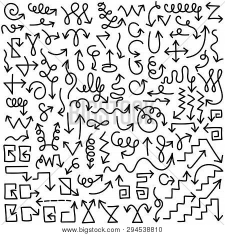 A Large Collection Of Various Arrows, Direction Or Motion Indicators, Cursors Drawn With A Felt-tip 