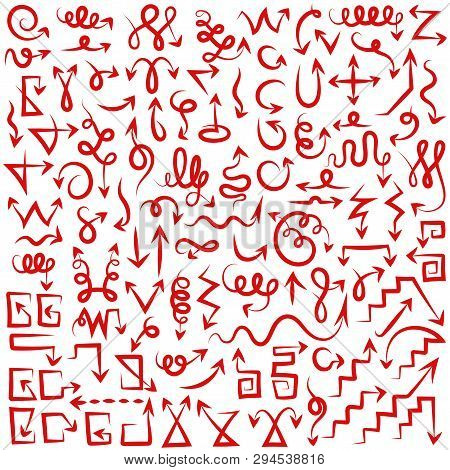 A Large Collection Of Various Arrows, Direction Or Motion Indicators, Cursors Drawn With A Black Bru