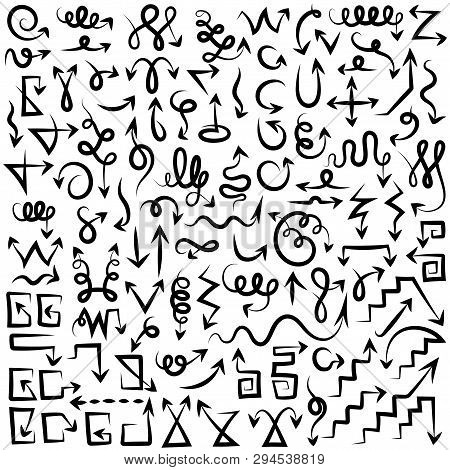 A Large Collection Of Various Arrows, Direction Or Motion Indicators, Cursors Drawn With A Black Bru