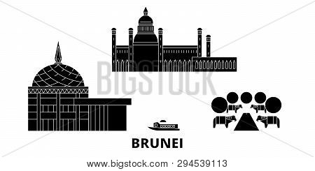 Brunei Flat Travel Skyline Set. Brunei Black City Vector Illustration, Symbol, Travel Sights, Landma