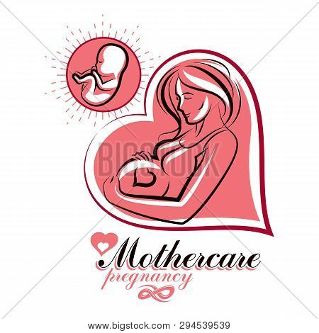 Pregnant Female Body Shape Hand Drawn Vector Illustration, Beautiful Lady Gently Touching Her Belly.