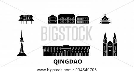 China, Qingdao Flat Travel Skyline Set. China, Qingdao Black City Vector Illustration, Symbol, Trave