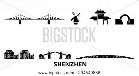 China, Shenzhen Flat Travel Skyline Set. China, Shenzhen Black City Vector Illustration, Symbol, Tra