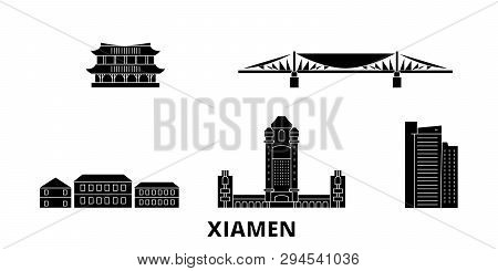 China, Xiamen Flat Travel Skyline Set. China, Xiamen Black City Vector Illustration, Symbol, Travel 