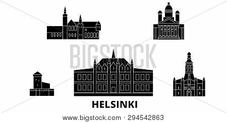 Finland, Helsinki Flat Travel Skyline Set. Finland, Helsinki Black City Vector Illustration, Symbol,