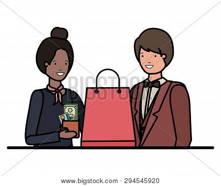 Couple Young With Shopping Bag Avatar Character Vector Illustration Desing