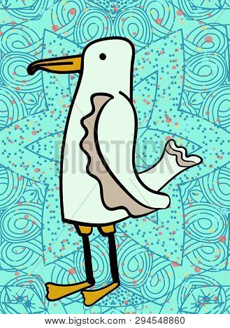 Albatross On A Blue Background With A Star. Sea Bird. Cartoon Illustration.