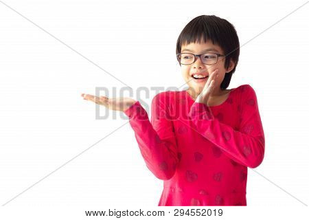 Portrait Asian Cute Girl With Surprised And Shocked Face For Advertisement And Billboard. Studio Sho