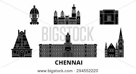 India, Chennai Flat Travel Skyline Set. India, Chennai Black City Vector Illustration, Symbol, Trave