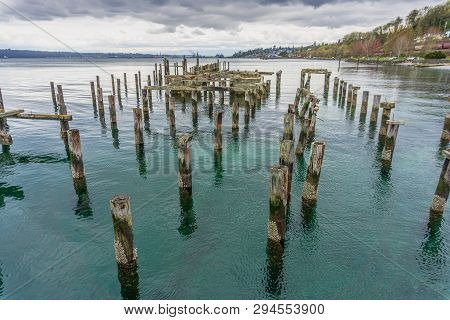 A View Of Decaying Pilings Near Shore In Ruston, Washington.