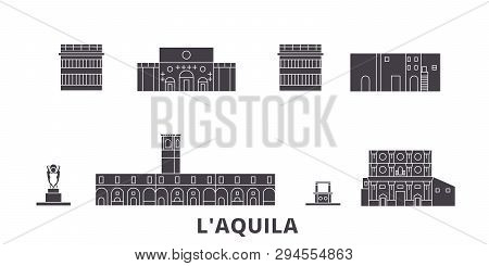 Italy, Laquila Flat Travel Skyline Set. Italy, Laquila Black City Vector Illustration, Symbol, Trave