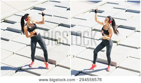 Young, fit and sporty woman doing sports at the stret. Fitness, sport, urban jogging and healthy lifestyle concept.