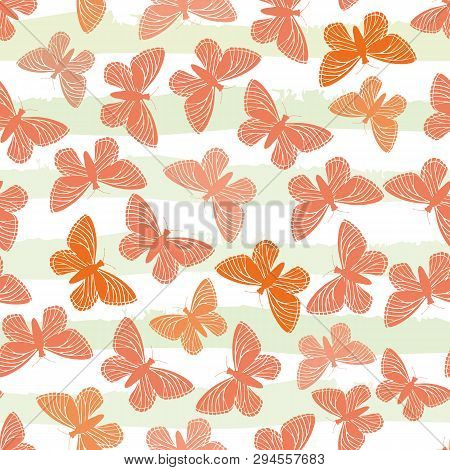 Hand Drawn Butterflies In Hues Of Orange On Subtly Striped Green And White Water Colour Background. 
