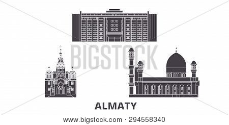 Kazakhstan, Almaty Flat Travel Skyline Set. Kazakhstan, Almaty Black City Vector Illustration, Symbo